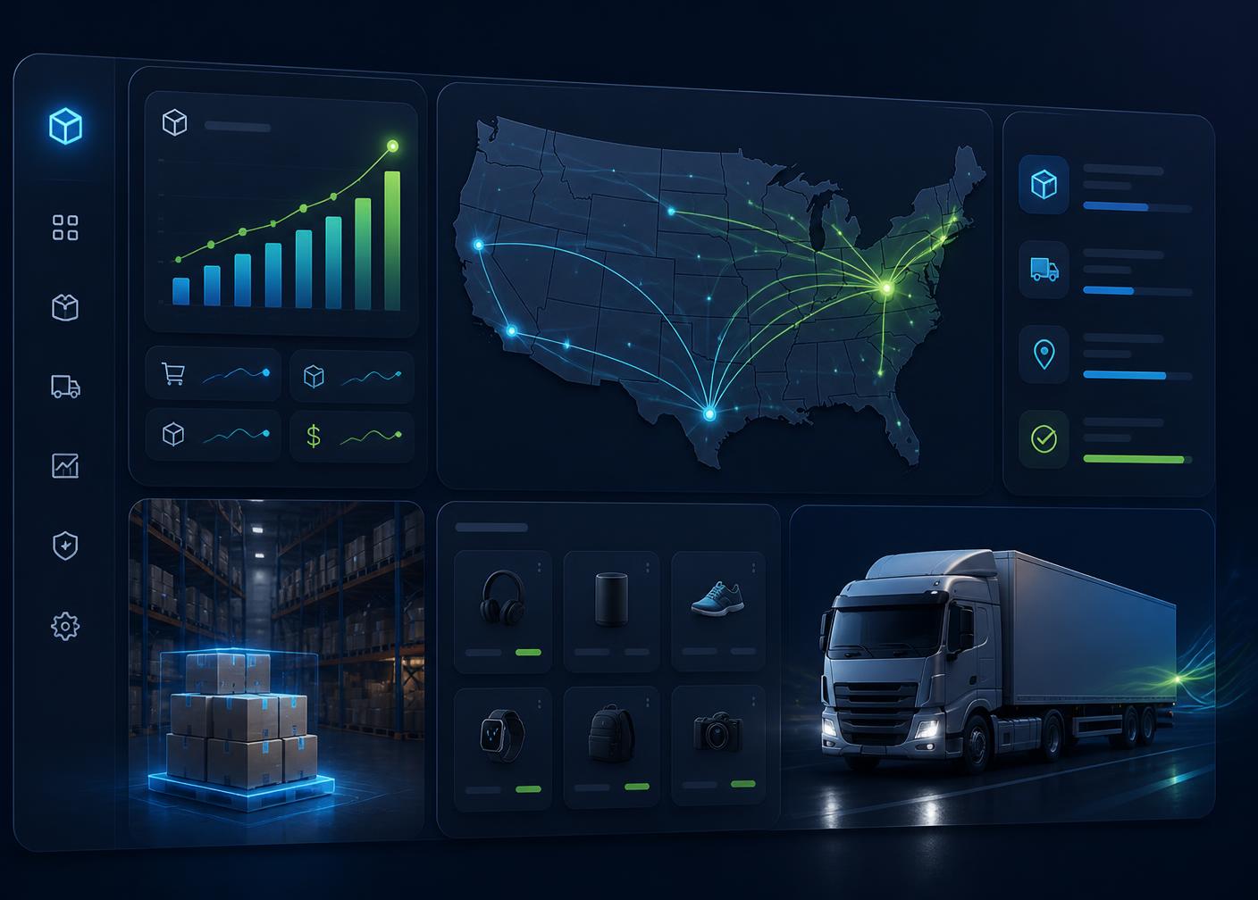Rashed Shop warehouse dashboard showing US shipping routes, live order analytics, and same-day fulfillment